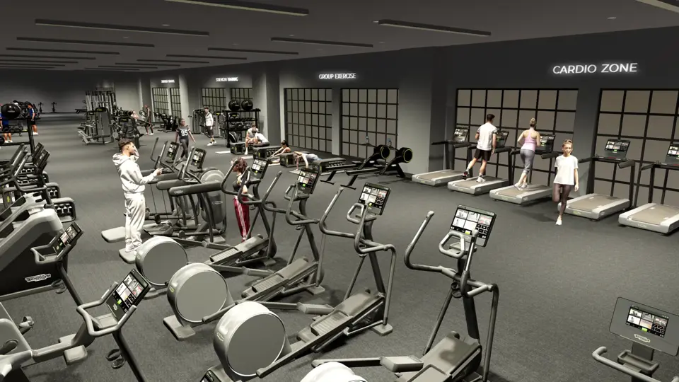 Projeto 3D de uma zona de cardio com passadeiras, elípticas e bicicletas