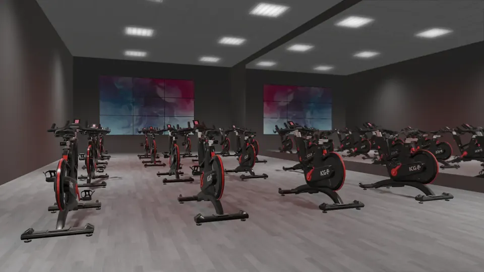 Projeto 3D de uma sala de indoor cycle com bicicletas alinhadas e ecrãs na parede