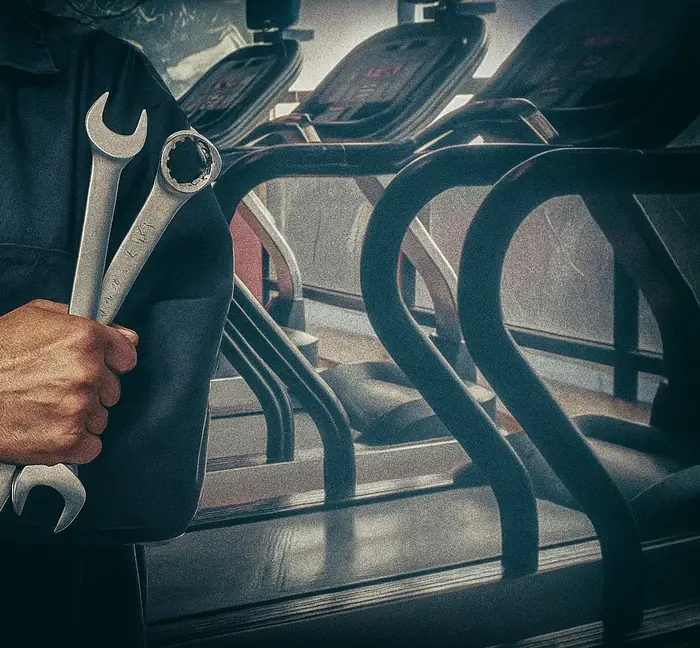 Técnico com chaves de manutenção junto a um equipamento de cardio