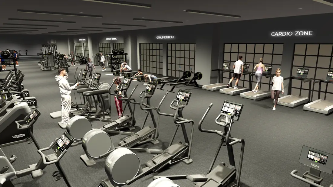 Projeto 3D de uma zona de cardio com passadeiras e elípticas