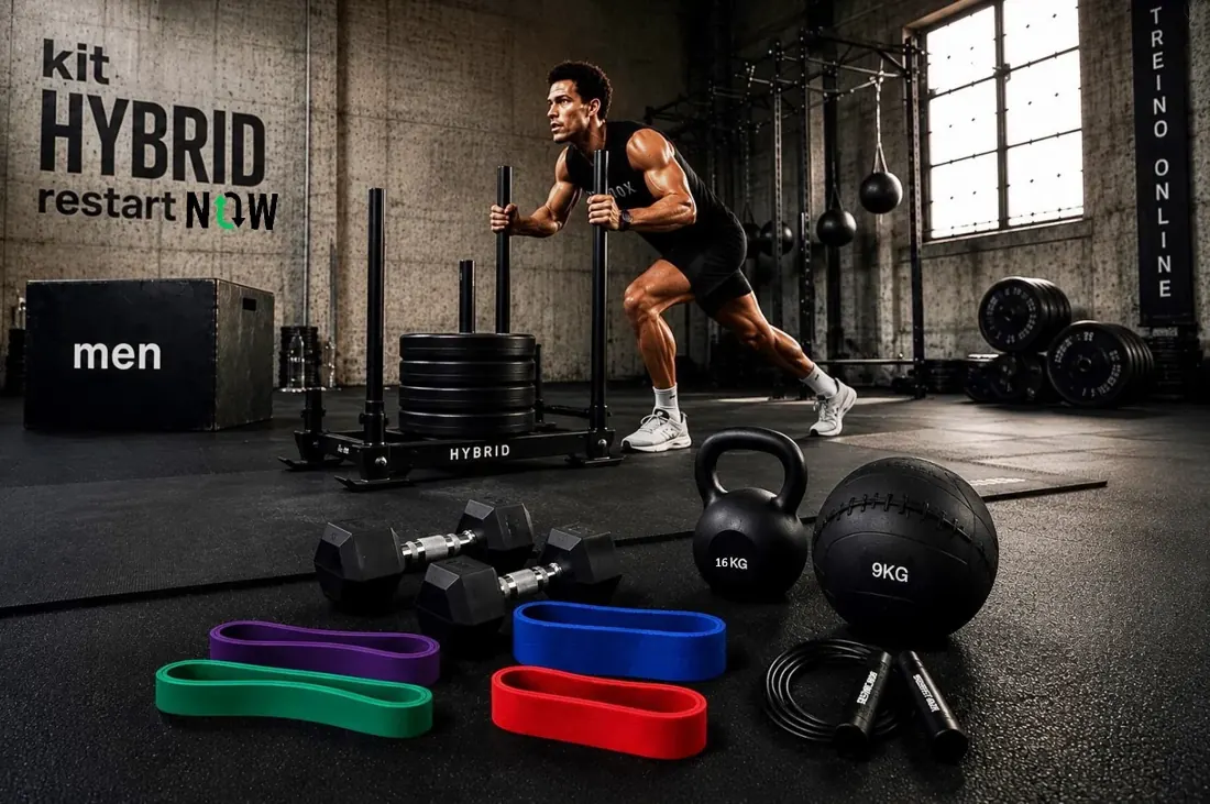 Atleta a empurrar um trenó num ginásio, com o Kit Hybrid Restart NOW à frente: kettlebells, bola e elásticos